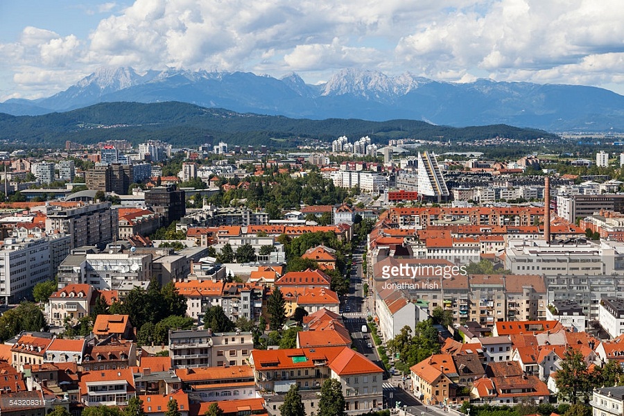 Downtoan Ljubljana with Julian Alps in the background as seen from the Castle, Ljubljana, Slovenia, Europe, European Union
